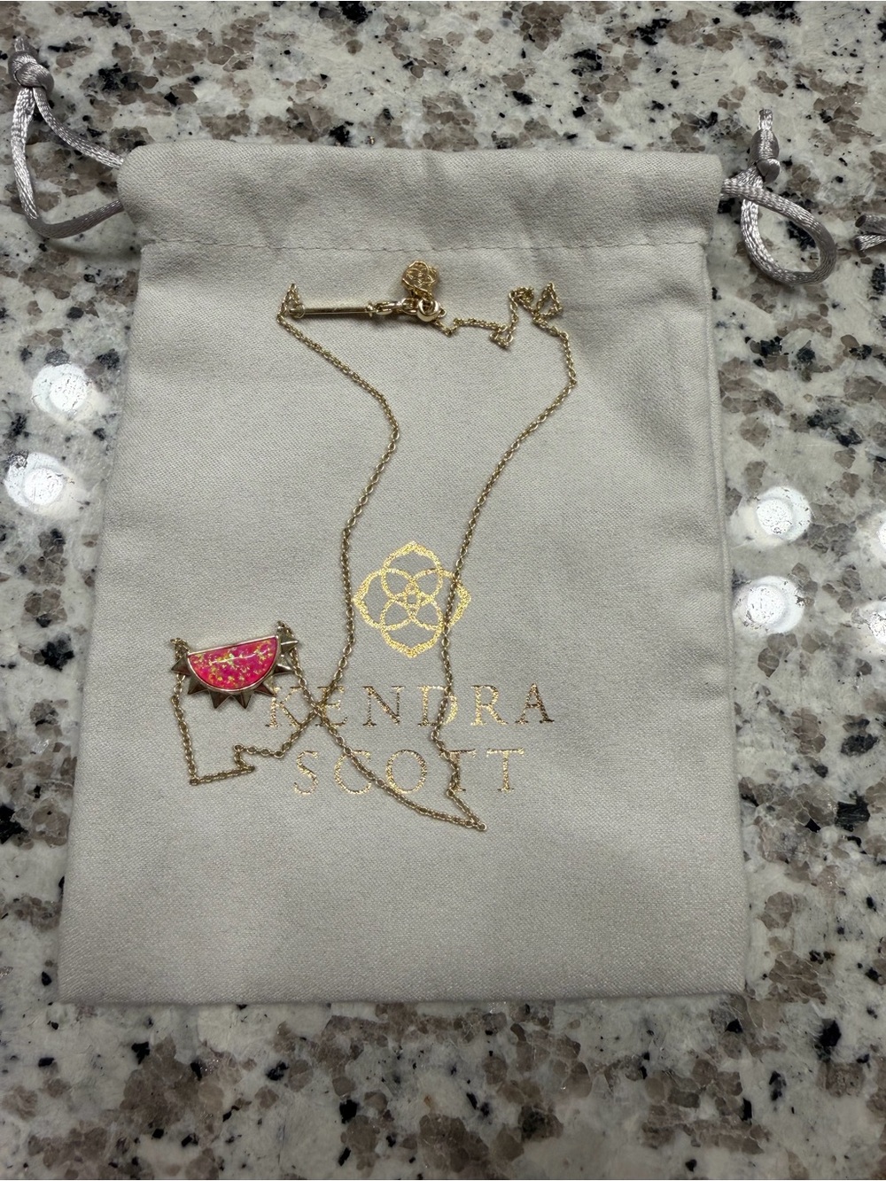 Kendra Scott Gold Necklace with Pink Marbled Pendant